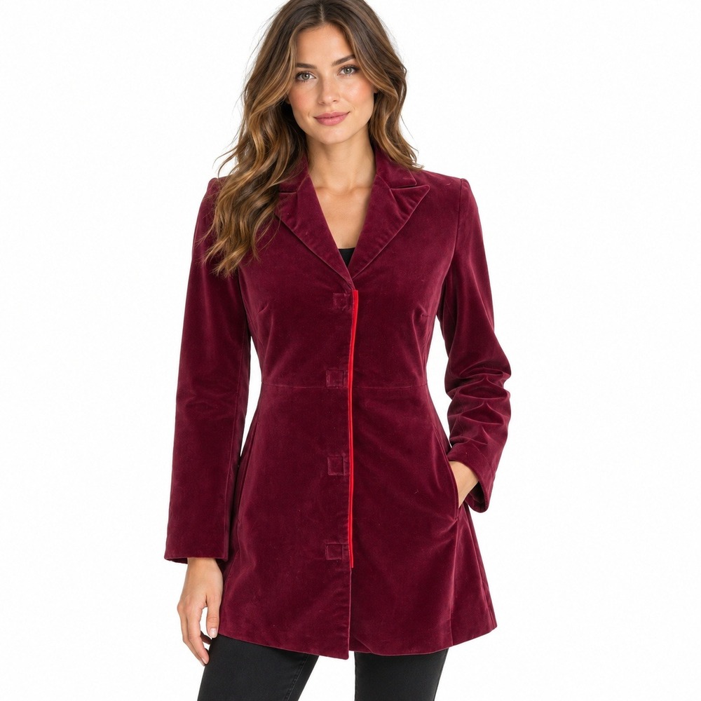 Jussara Lee Womens Burgundy Velvet Longline Blazer Jacket Red Piping Size 4